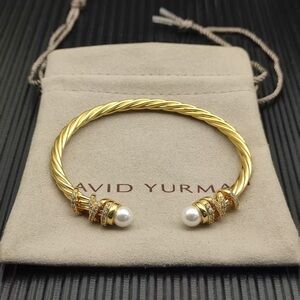 David Yurman Gold Cable Bracelet with Pearl and Pavé Accents